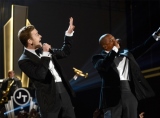 Justin Timberlake and Jay-Z perform on the 55th Annual GRAMMY Awards on Feb. 10 in Los Angeles